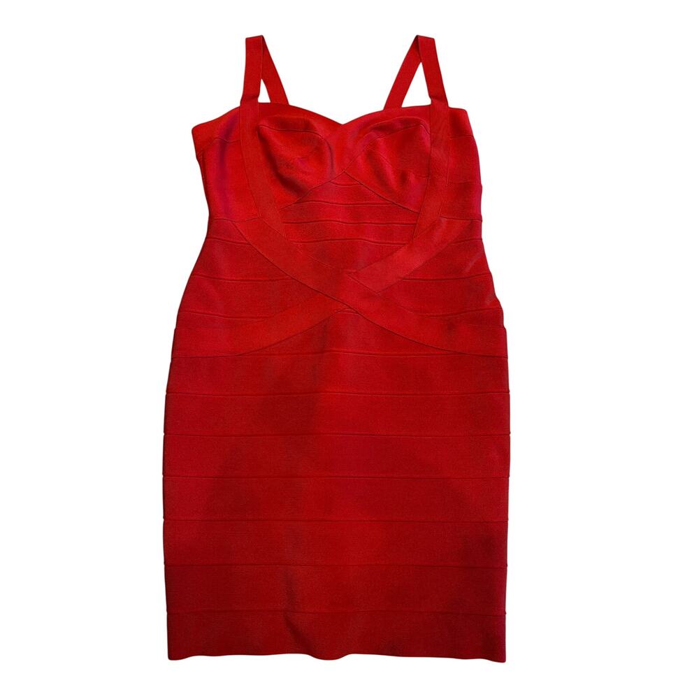 Red Bandage Bodycon Midi Dress Size Large Bustier Crisscross Strap Cocktail